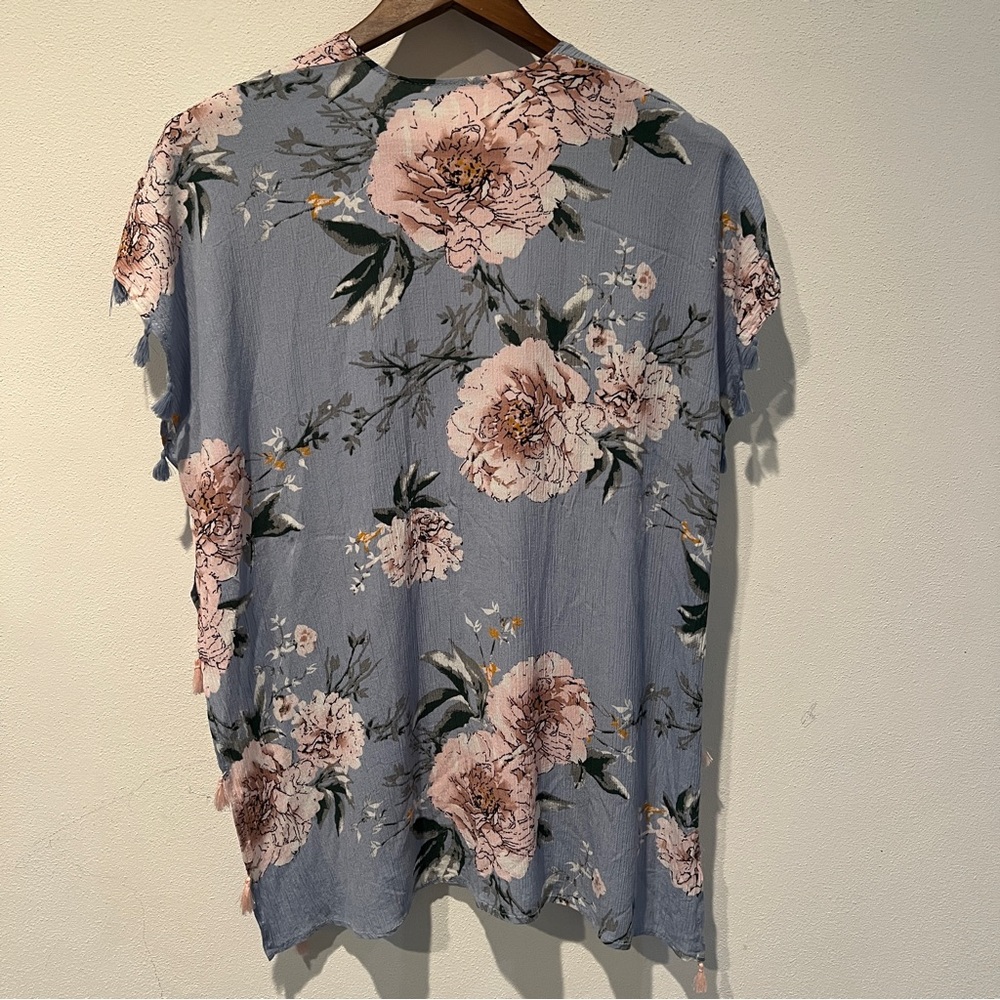 Lightweight Floral Open Front Caftan Tassels Coverup - Picture 6 of 7